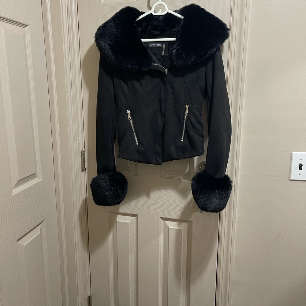 Love Token Black Teddy Jacket with Faux Fur Trim